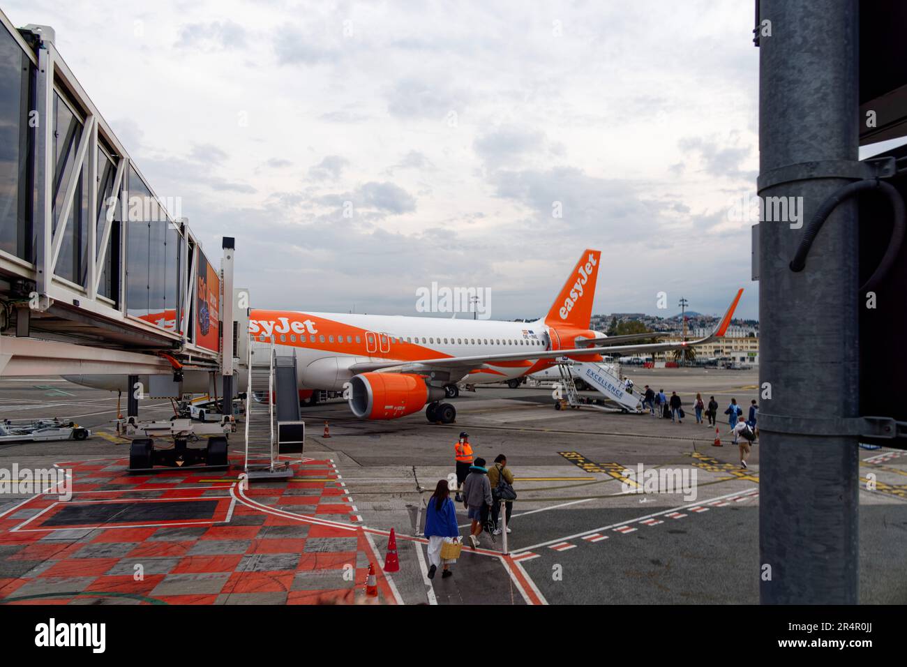 Nice, France. 28th May, 2023. Passengers board an EasyJet Airbus A320