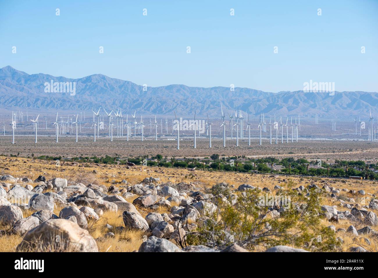 San Gorgonio Pass wind farm as seen from Tramway Road in Palm Springs, California, USA. Stock Photo