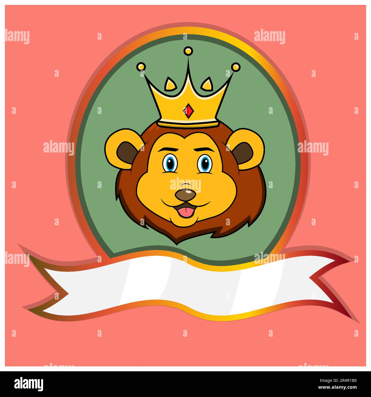 Cute Animal Head With Crown On Frame Label. Lion Head. Perfect For Cartoon, Logo, Icon and Character Design. Vector And Illustration. Stock Vector