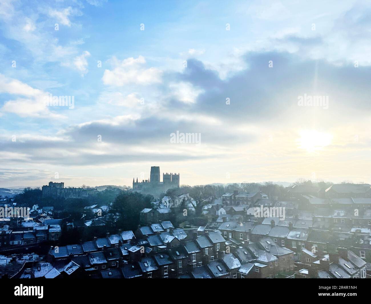 Durham and Durham Cathedral seen from the main London to Edinburgh rail line. Stock Photo