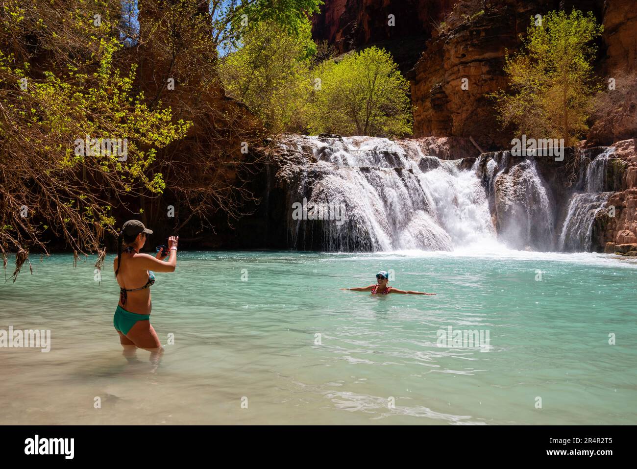 Beaver Falls on Havasu Creek below the campground on a sunny morning ...