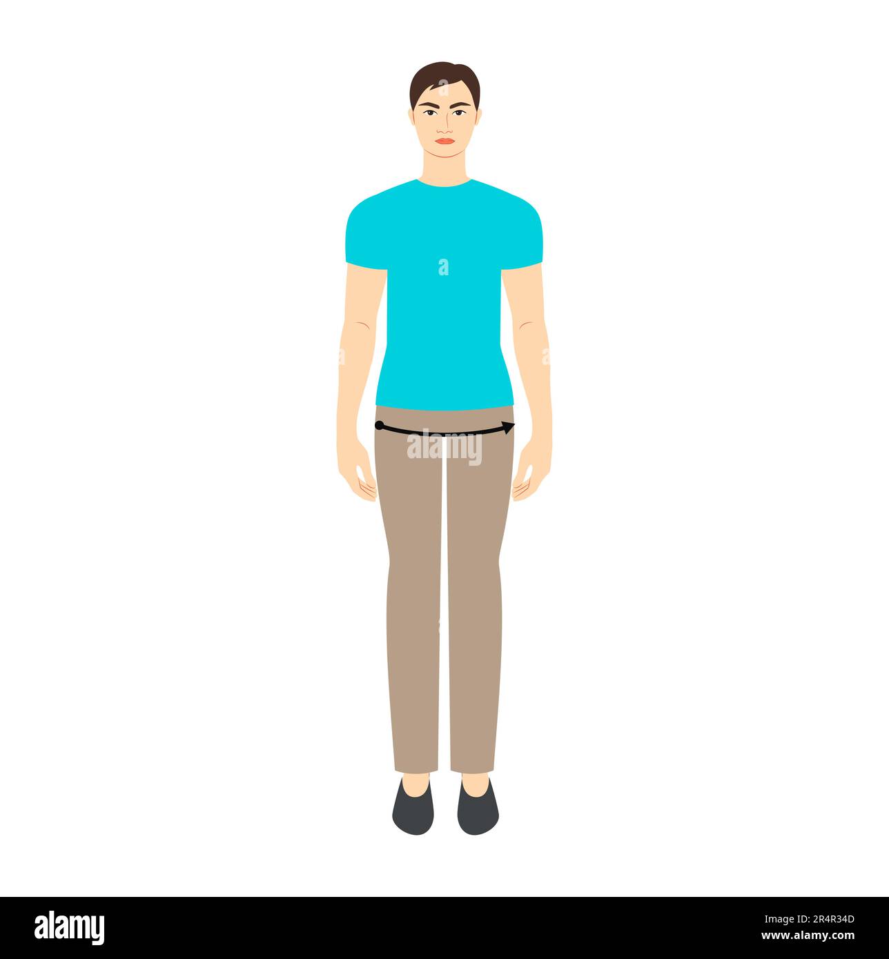 Men to do hip measurement body with arrows fashion Illustration for size chart. Flat male character front 8 head size boy in blue shirt. Human gentlemen infographic template for clothes Stock Vector