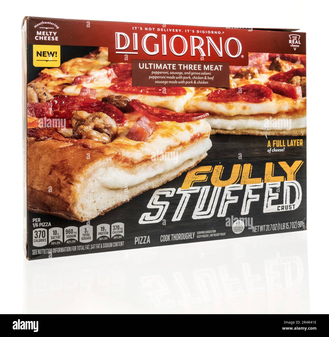 Winneconne, WI - 16 April 2023: A package of Digiorno fully stuffed pizza on an isolated background. Stock Photo