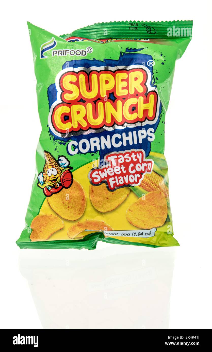 Winneconne, WI - 16 April 2023: A package of Prifood super crunch corn chips on an isolated background. Stock Photo