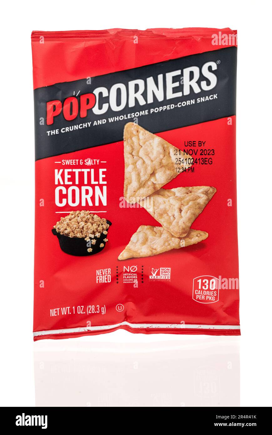Winneconne, WI - 16 April 2023: A package of Pop corners kettle corn chips on an isolated background. Stock Photo