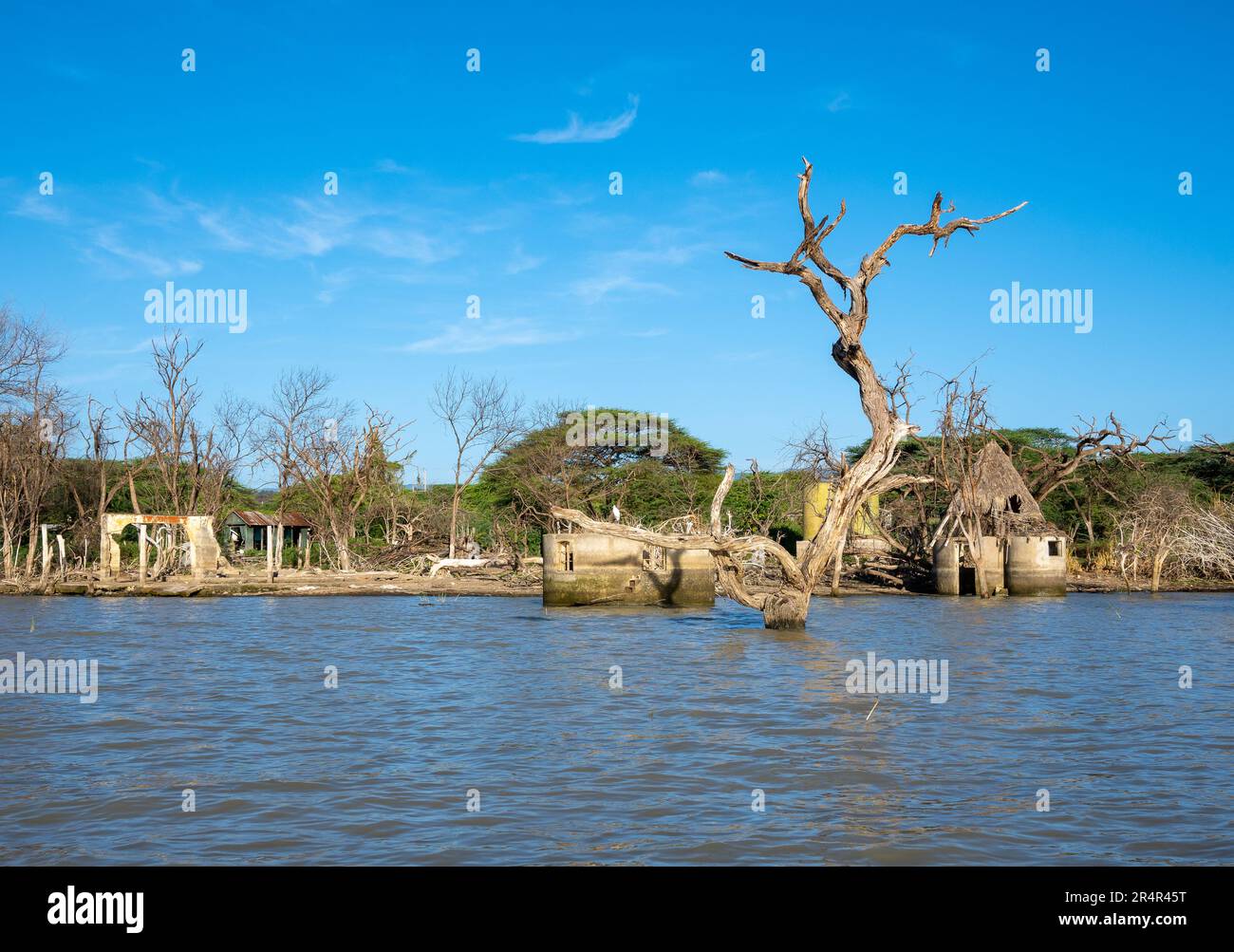 Rising water level forced poeple to abandon their village near Lake Baringo. Kenya, Africa. Stock Photo