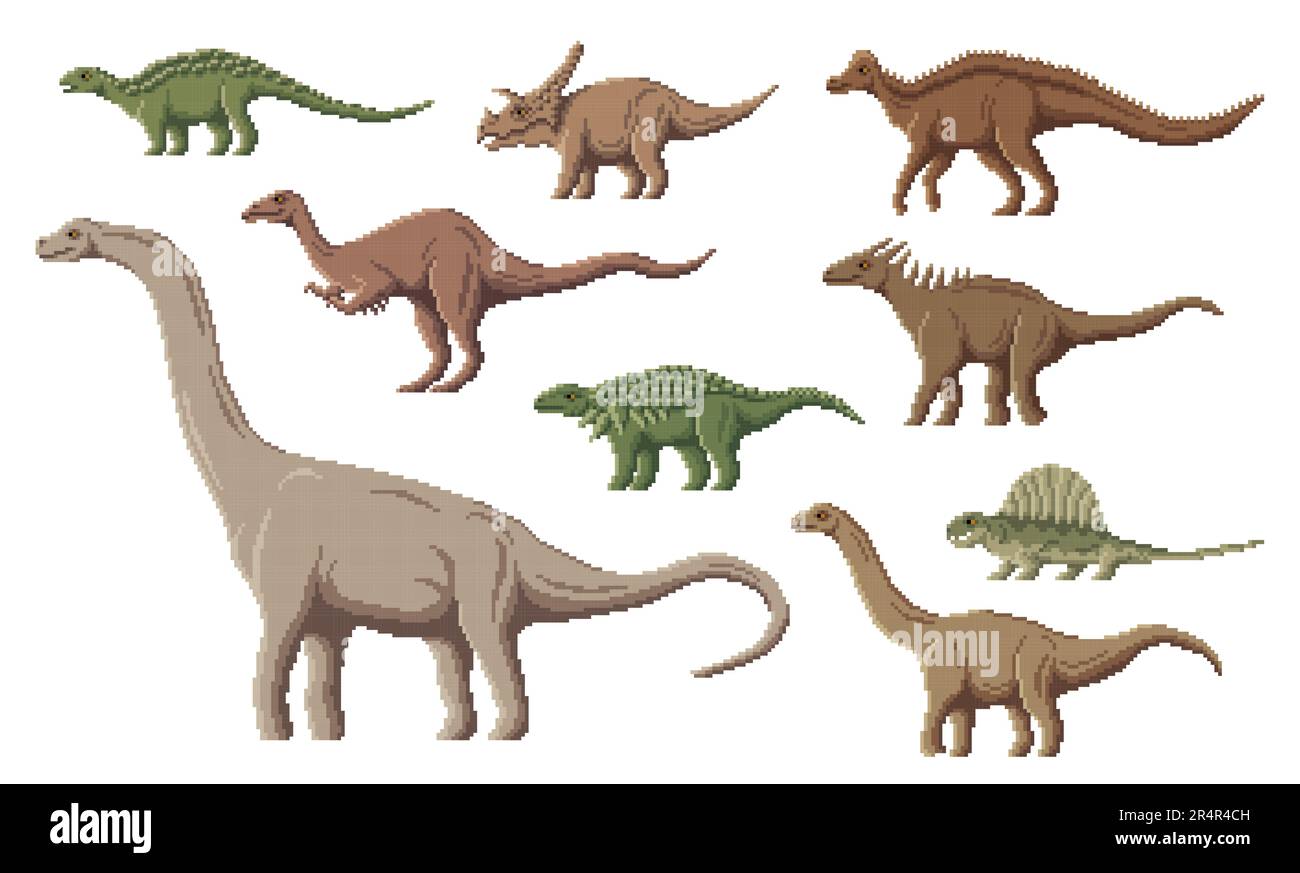 Pixel dinosaur characters. 8 bit pixel art game dino animals. Deinocheirus, Amargasaurus, Nodosaurus and Titanosaurus, Panoplosaurus, Hypacrosaurus Jurassic prehistoric reptile, pixel vector dinosaur Stock Vector
