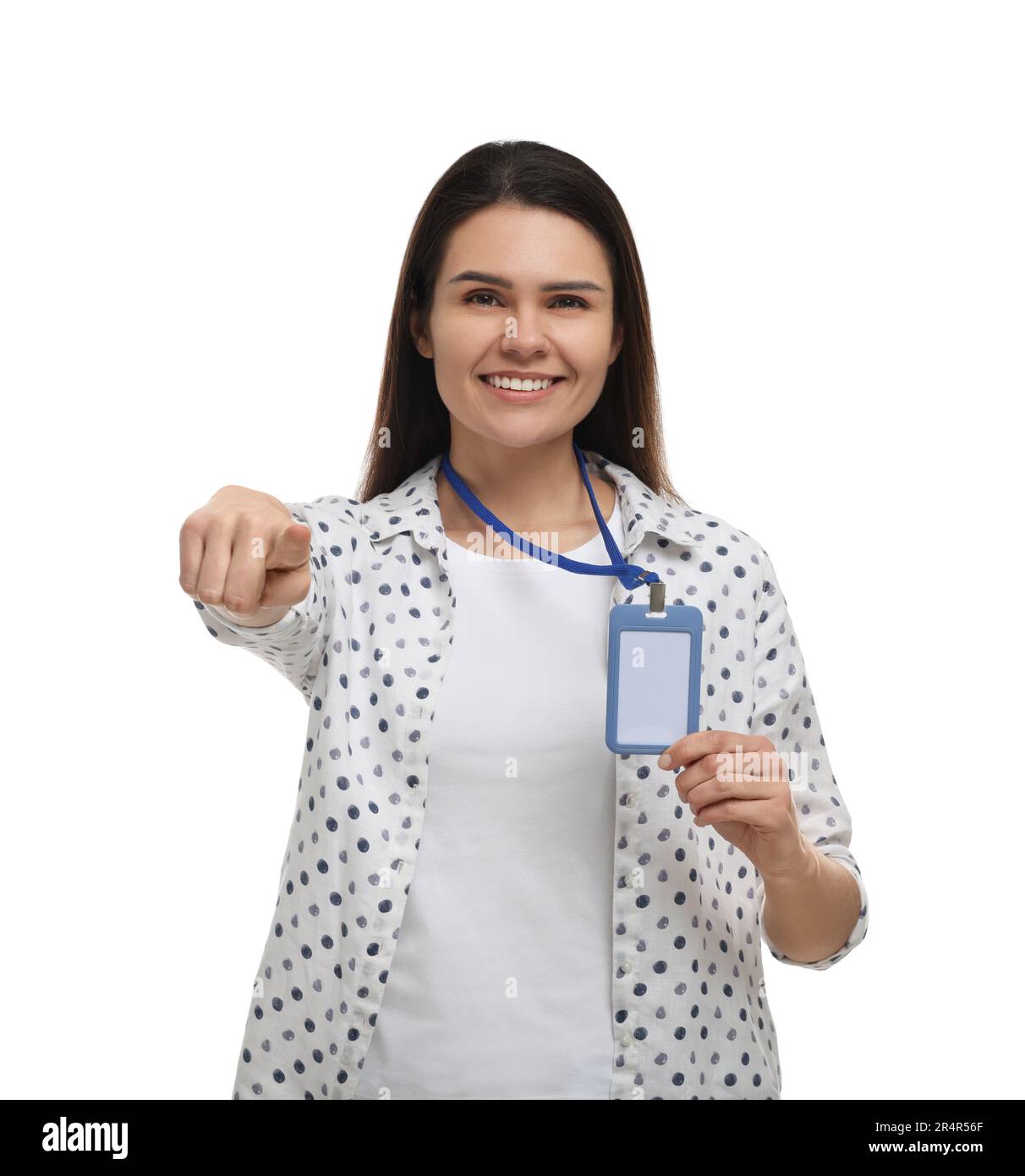 Happy woman with vip pass badge on white background Stock Photo - Alamy