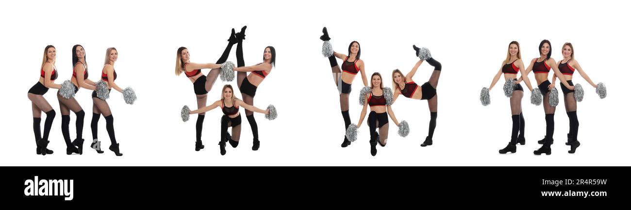 Collage with photos of beautiful happy cheerleaders with pom poms in uniform on white background Stock Photo