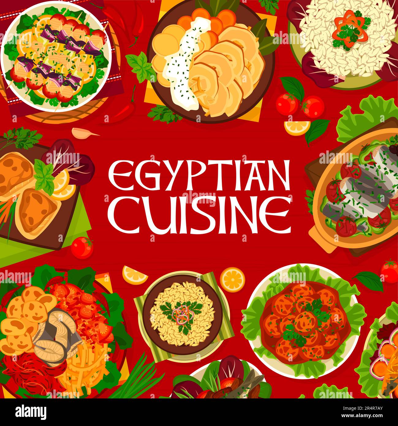 Egyptian cuisine restaurant menu cover. Mackerel with dates, fish kebabs and baked bass, stuffed