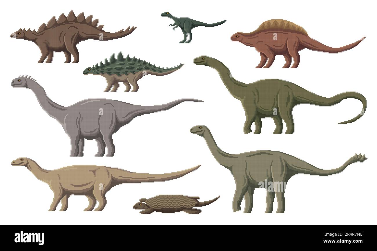 Pixel dinosaur characters. 8 bit pixel art game dino animals. Eoraptor ...