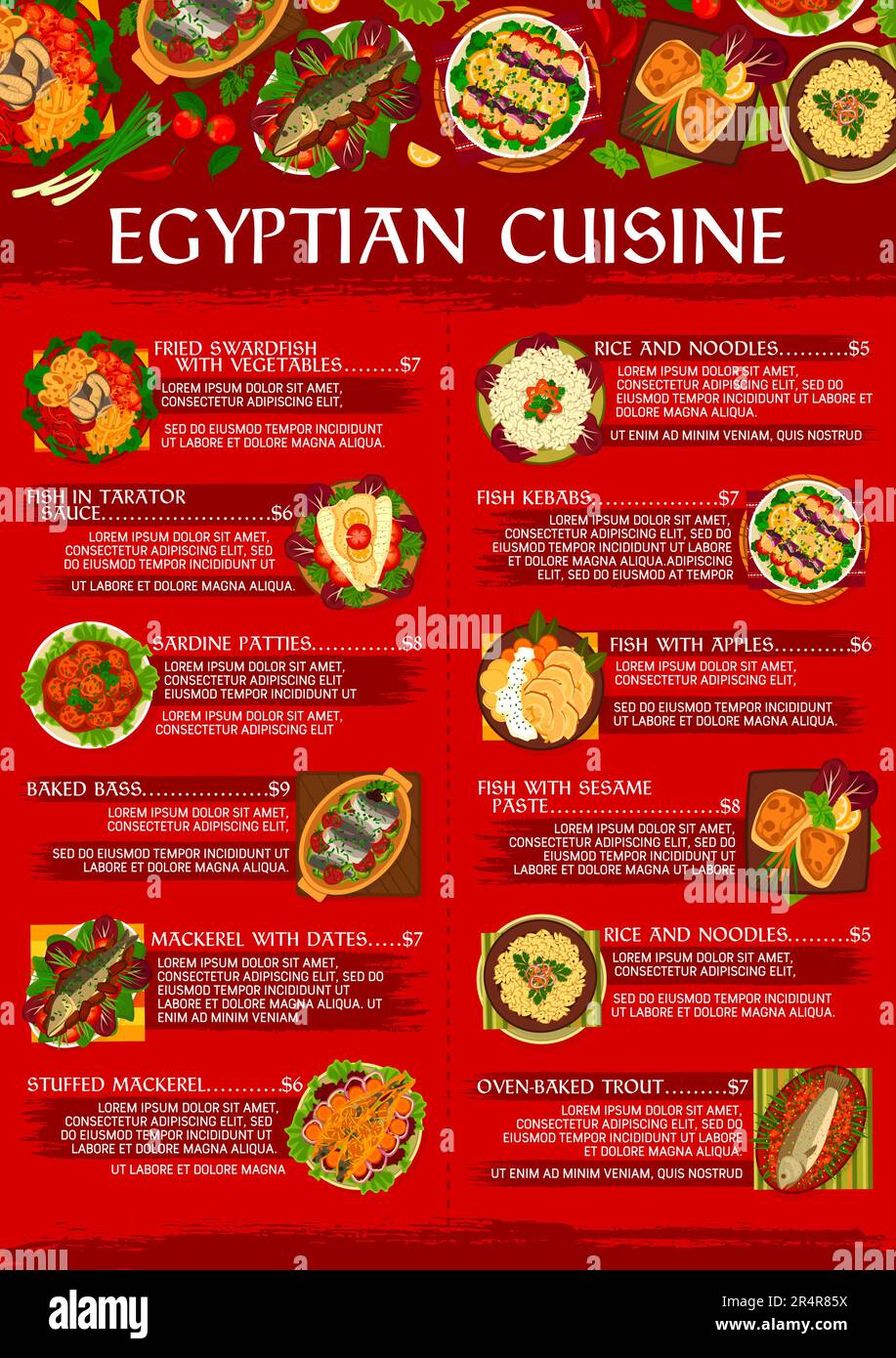 Egyptian cuisine restaurant food menu. Fish kebabs, baked bass and sardine patties, fried