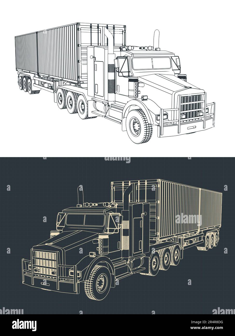 Stylized vector illustrations of blueprints of container tractor trailer truck Stock Vector