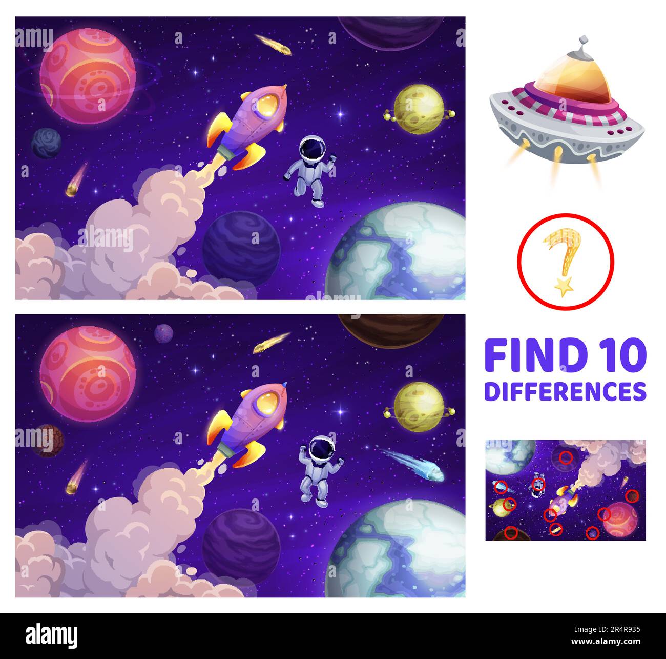 Kids game, find ten differences in space landscape with cartoon astronaut, rocket and galaxy