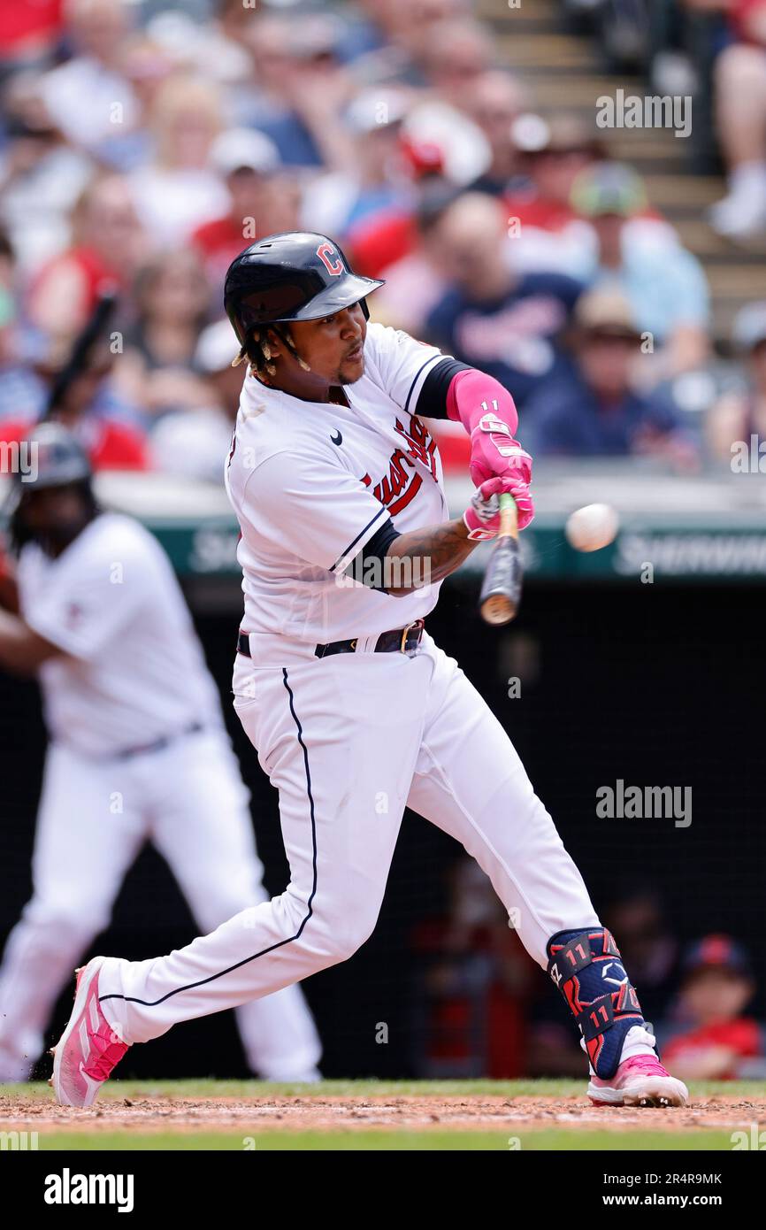 Miami Marlins' Jazz Chisholm Jr. bats during the second inning in the first  baseball game of a doubleheader against the Cleveland Guardians, Saturday,  April 22, 2023, in Cleveland. (AP Photo/Nick Cammett Stock