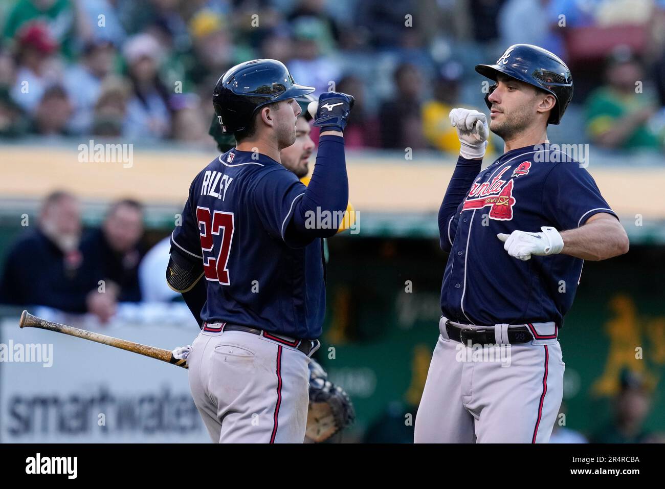 Austin Riley of the Atlanta Braves is congratulated by Matt Olson