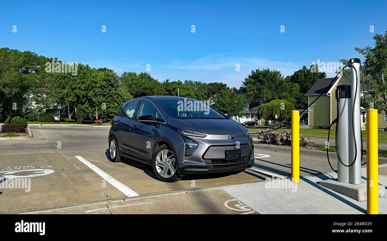 EMPORIA, KANSAS MAY 29, 2023 Chevy Bolt EV car charging up at the
