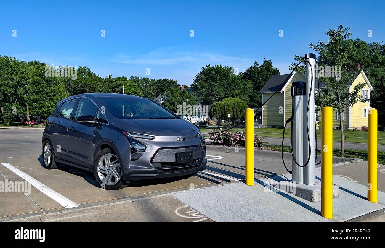 EMPORIA, KANSAS MAY 29, 2023 Chevy Bolt EV car charging up at the