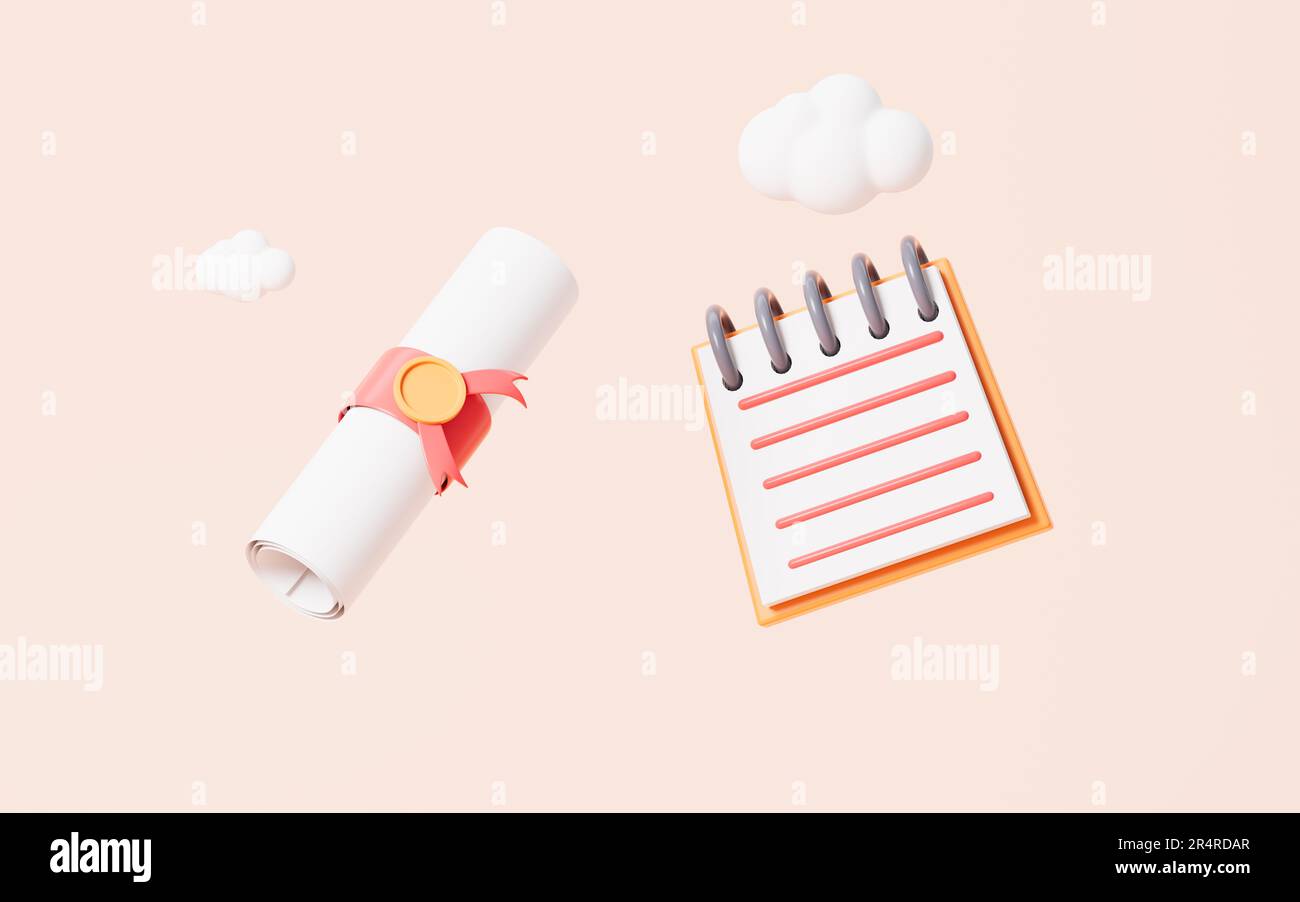 Cartoon scroll and notepad on the pink background, 3d rendering ...