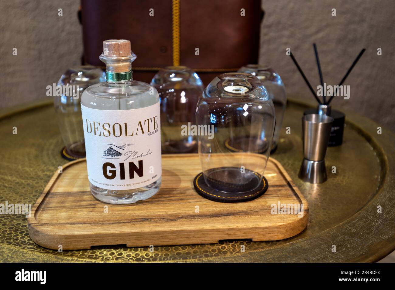 Close up of Desolate Gin display in the Art Gallery at Onguma The Fort, Onguma Game Reserve, Namibia, Africa Stock Photo