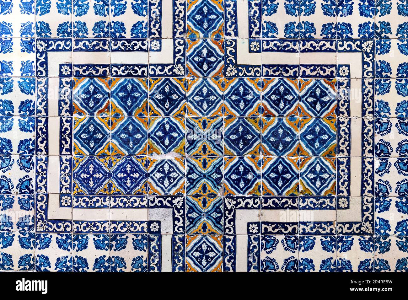 Tin glazed ceramic tiles on House of Tiles (Casa de los Azulejos) facade, Mexico City, Mexico. Stock Photo