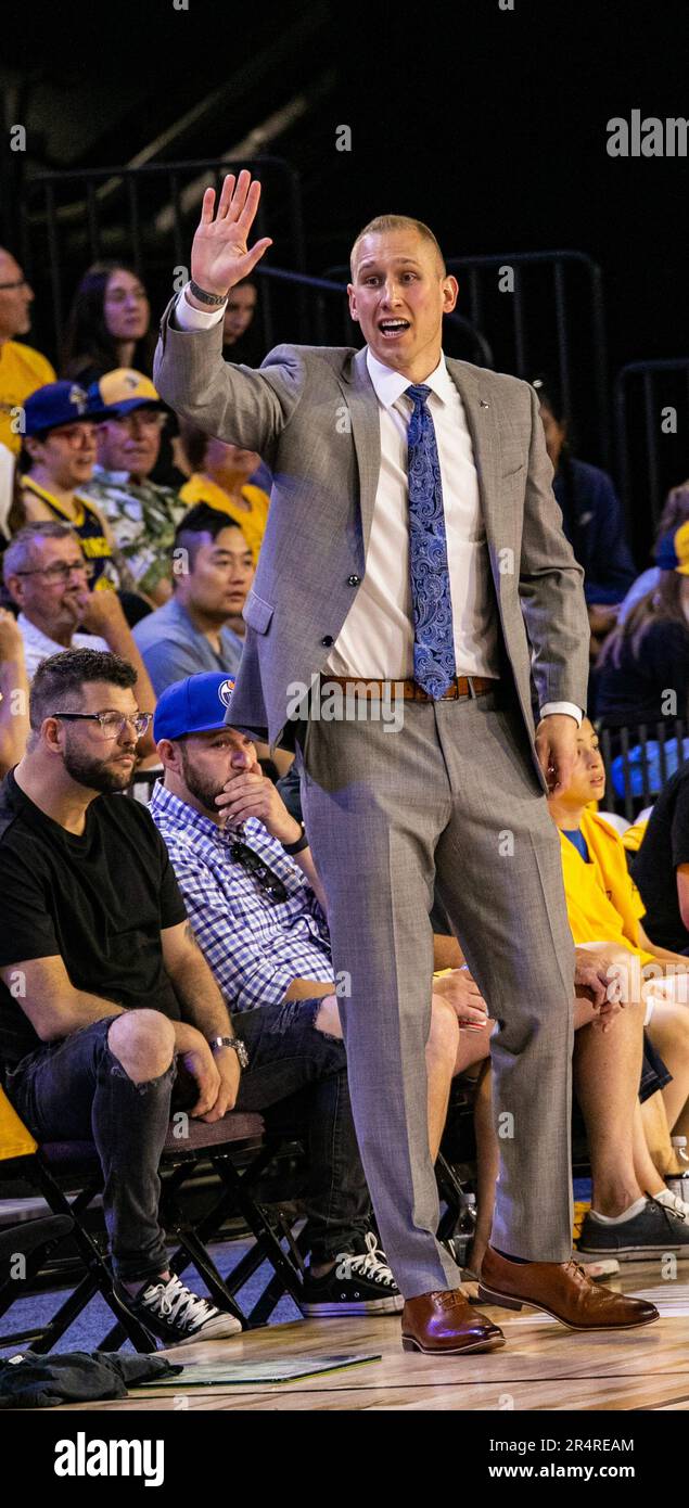 Edmonton, Canada. 28th May, 2023. Edmonton's Jordan Baker seen during the Edmonton Stingers 2023 Season opener against the Calgary Surge. Calgary Surge 82 -81 Edmonton Stingers (Photo by Ron Palmer/SOPA Images/Sipa USA) Credit: Sipa USA/Alamy Live News Stock Photo