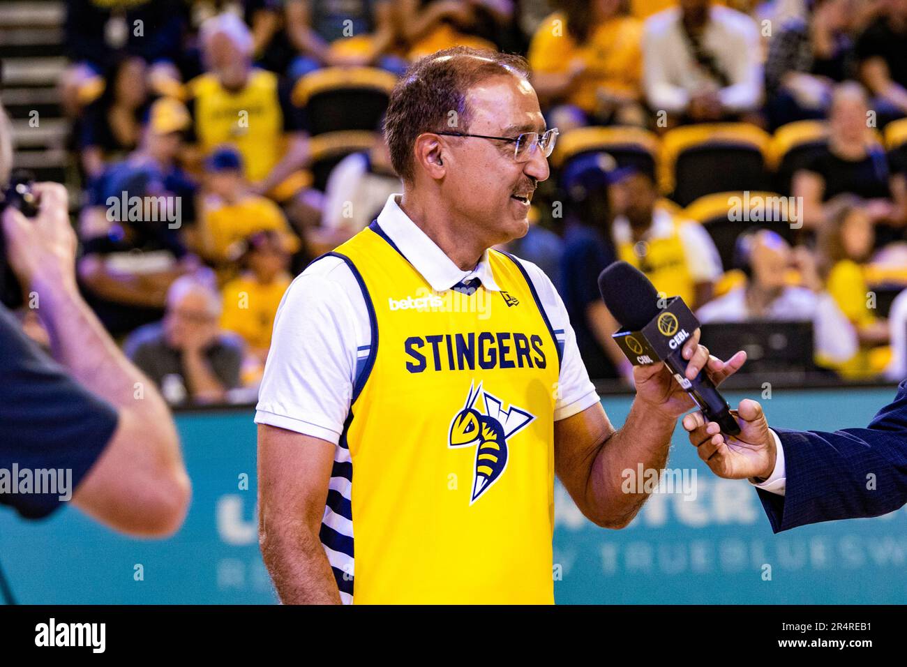 Edmonton, Canada. 28th May, 2023. Edmonton Mayor Amarjit Sohi opens the Edmonton Stingers 2023 Season opener against the Calgary Surge. Calgary Surge 82 -81 Edmonton Stingers (Photo by Ron Palmer/SOPA Images/Sipa USA) Credit: Sipa USA/Alamy Live News Stock Photo