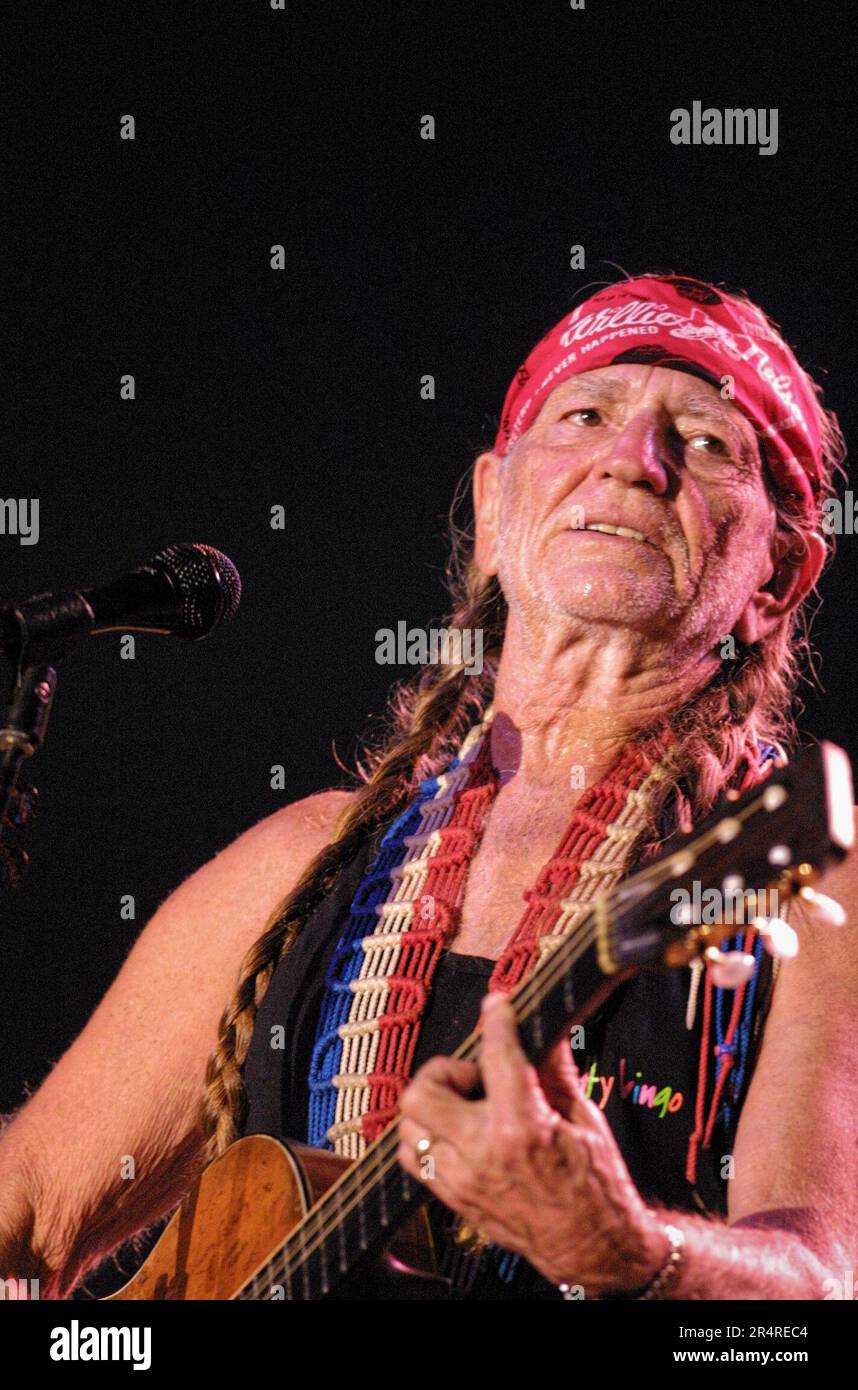Willie Nelson, 68, performs with his famed Martin N-20 guitar 'Trigger' during a Kentucky State Fair concert at Cardinal Stadium on Tuesday, Aug. 21, 2001 in Louisville, Jefferson County, KY, USA. The multitalented singer, songwriter, instrumentalist, actor and political activist was a pioneer of the iconoclastic 'outlaw country' movement, a subgenre of country music that developed in the late 1960s as an alternative to the more conservative 'Nashville Sound' dominating the industry at the time. (Apex MediaWire Photo by Billy Suratt) Stock Photo