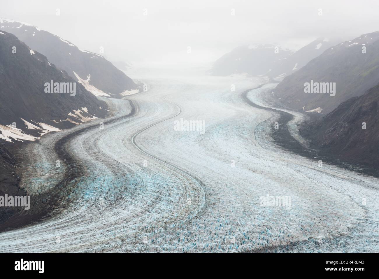 Salmon glacier in the fog, British Columbia, Canada. Stock Photo