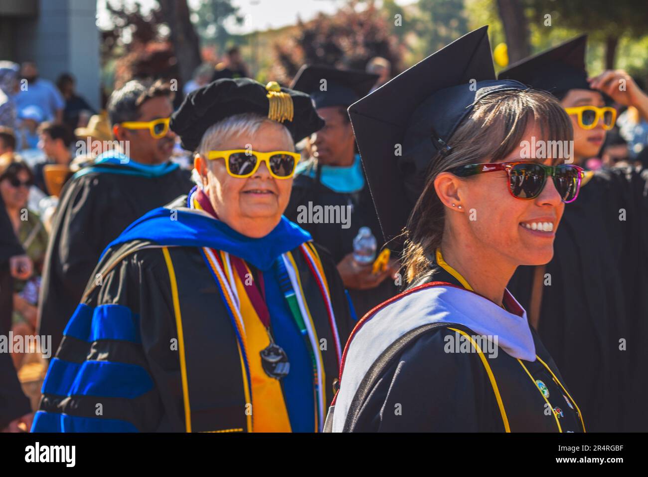 A close-up portrait of Dr. Diane Pfahler, esteemed Professor of Psychology, participating in the 2023 Commencement ceremony at Crafton Hills College Stock Photo
