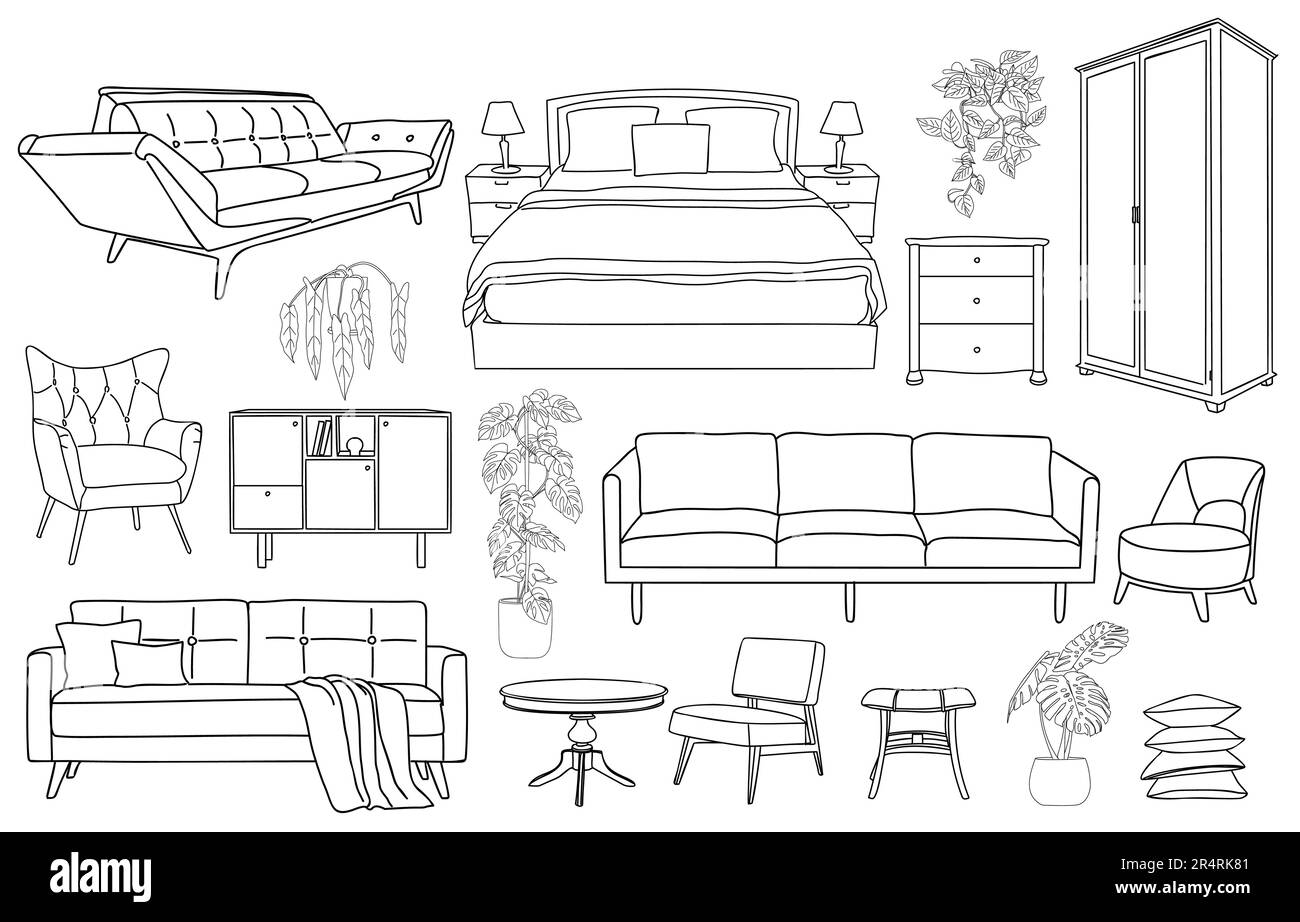Collection of elegant modern furniture line art Stock Vector Image