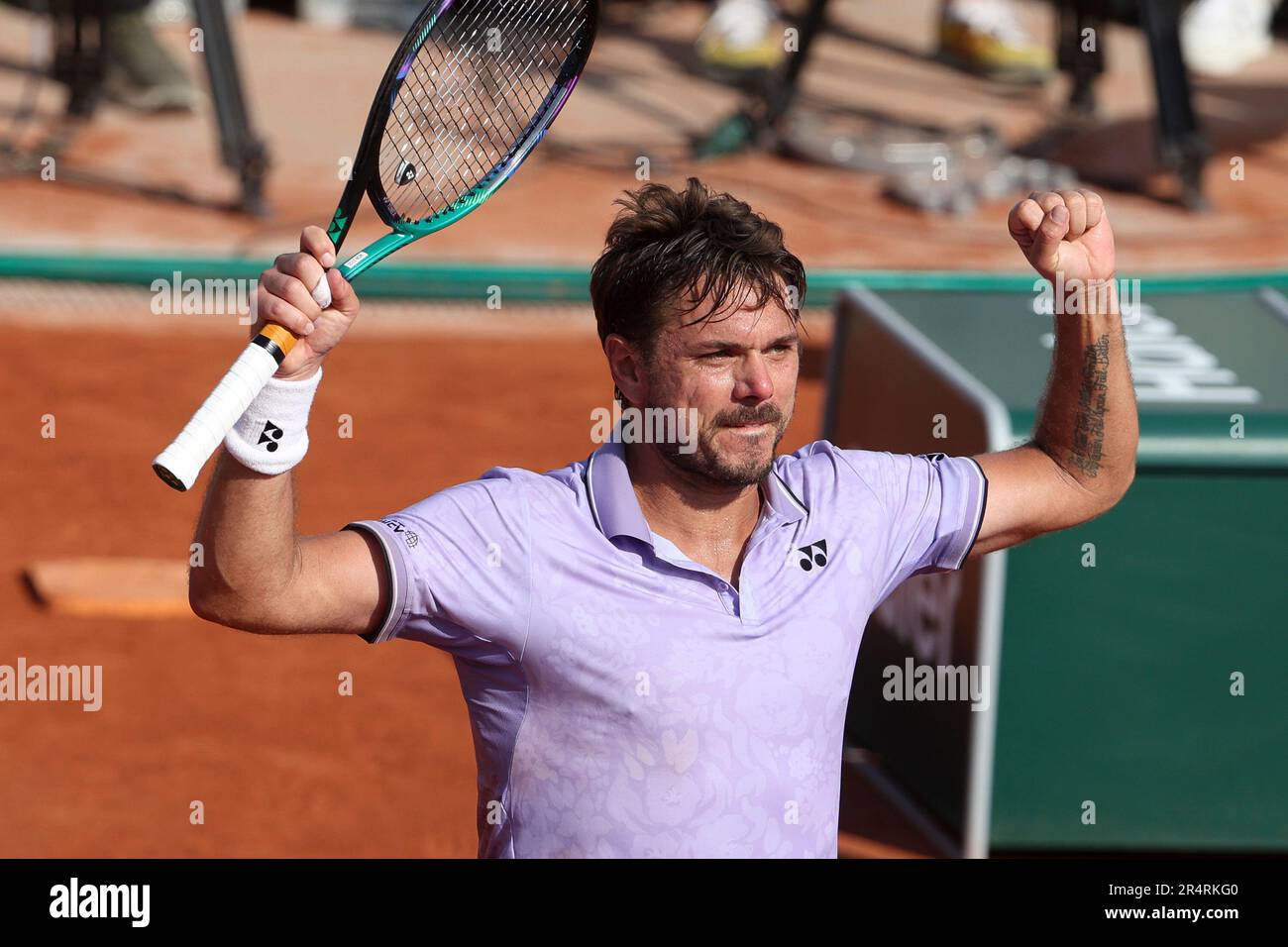 Paris, France. 29th May, 2023. Stan Wawrinka of Switzerland celebrates his  victory during day 2 of the 2023 French Open, Roland-Garros 2023, second  Grand Slam tennis tournament of the year, on May