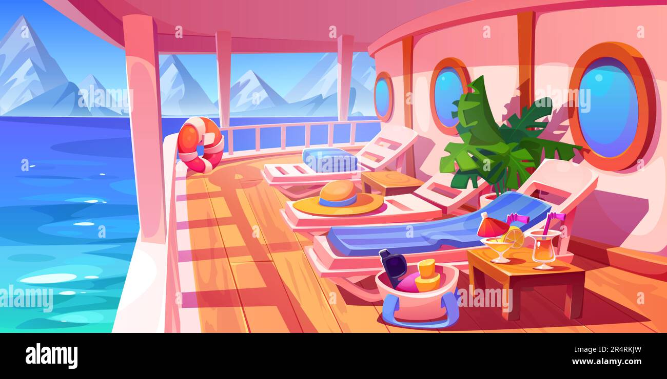 Cruise ship or yacht deck with railing, wooden floor, lounge chairs and