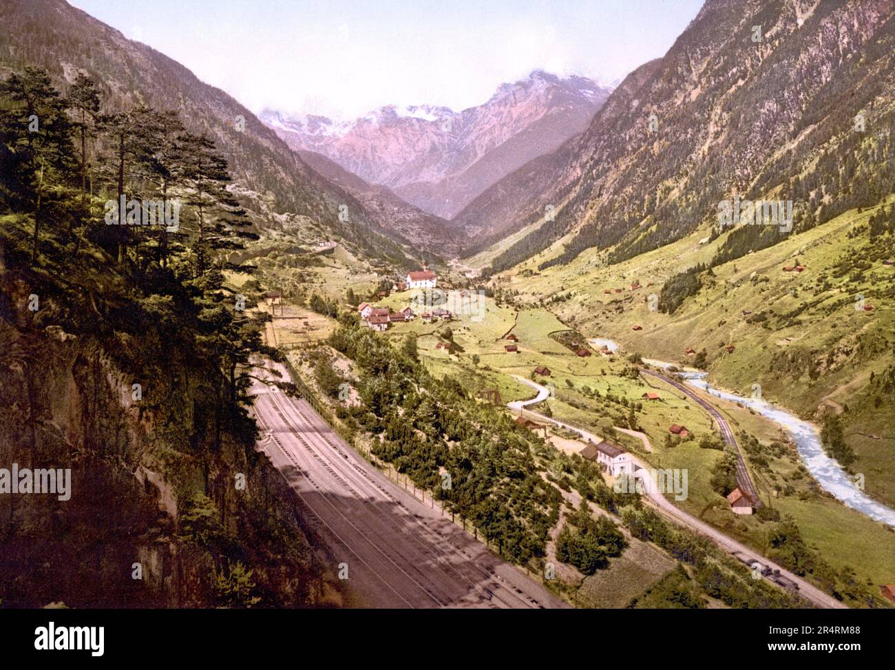 View of the three railway lines, St. Gotthard Railway, Wassen, Uri, Switzerland 1890. Stock Photo