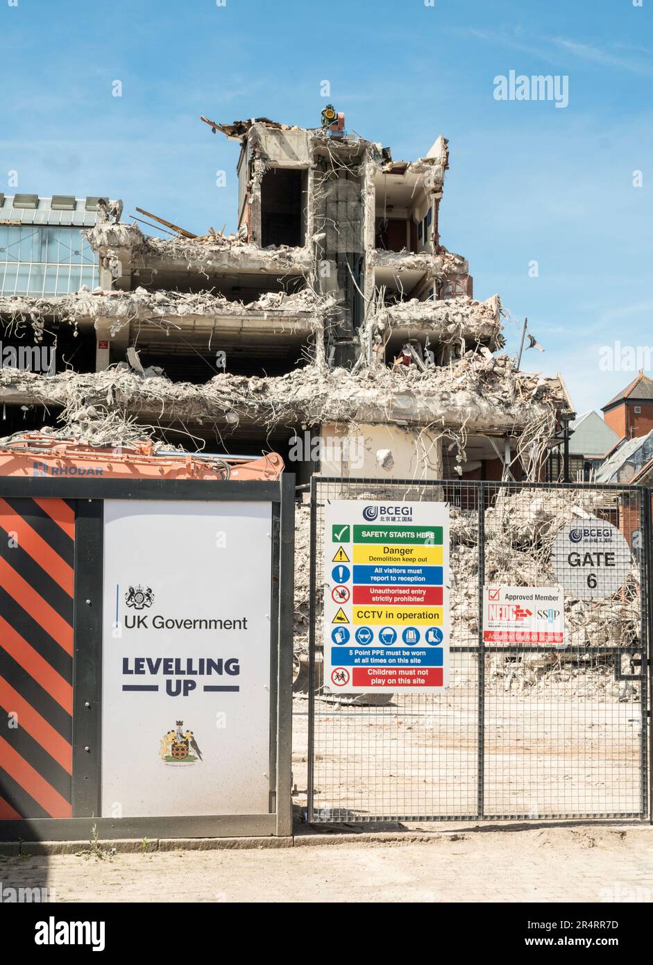 Sign UK Government Levelling Up at demolition site in Wigan town centre, England, UK Stock Photo