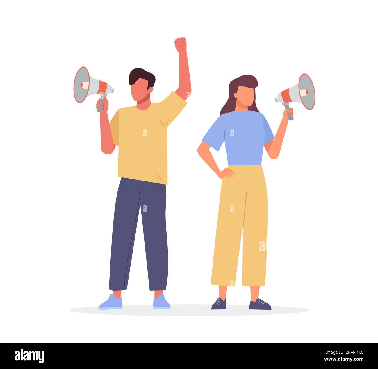 A young man and woman shouting on a megaphone. Male and female activist on protest Stock Vector