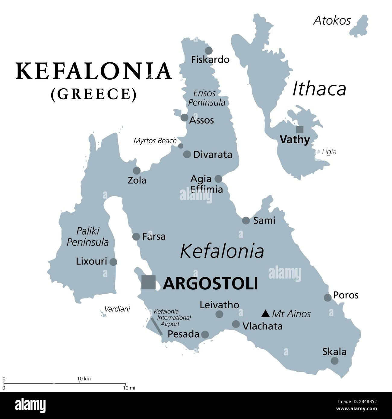 Kefalonia, Greek island, gray political map. Also known as Cephalonia, Kefallinia or Kephallenia. The largest Ionian Island, located in western Greece. Stock Photo