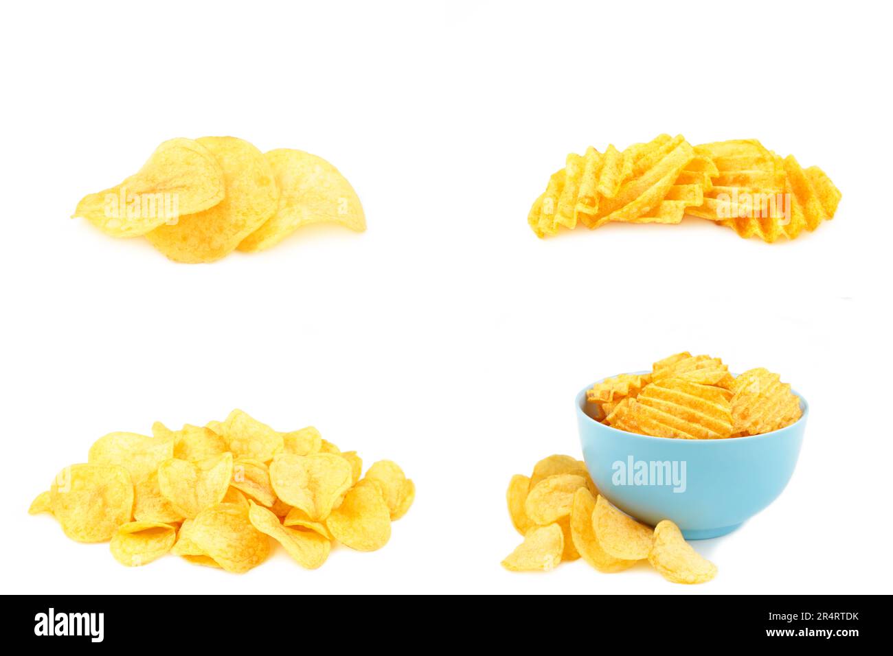 Set of potato chips isolated on white background, cut out. Collage of snacks Stock Photo