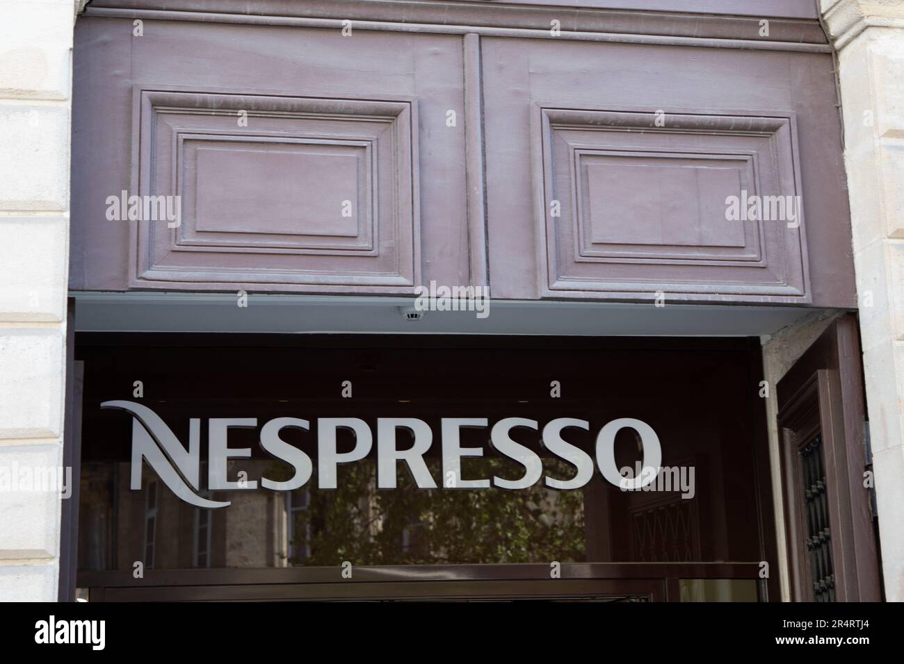 Bordeaux , Aquitaine  France - 05 02 2023 : Nespresso logo sign and text brand chain facade coffee machines front of shop on store capsules and access Stock Photo