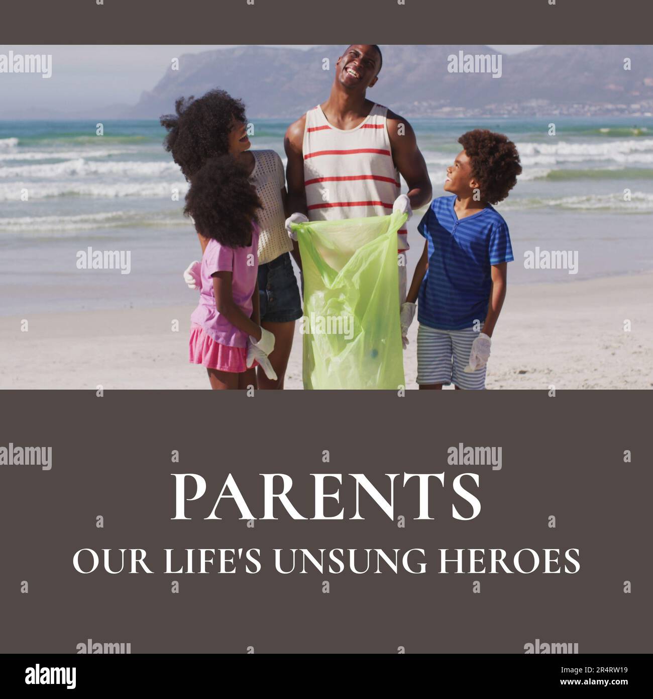 Composition of parents our life's unsung heroes text over african american family cleaning beach Stock Photo
