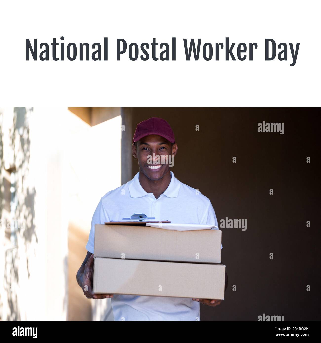 Composition of national postal worker day text over happy african ...