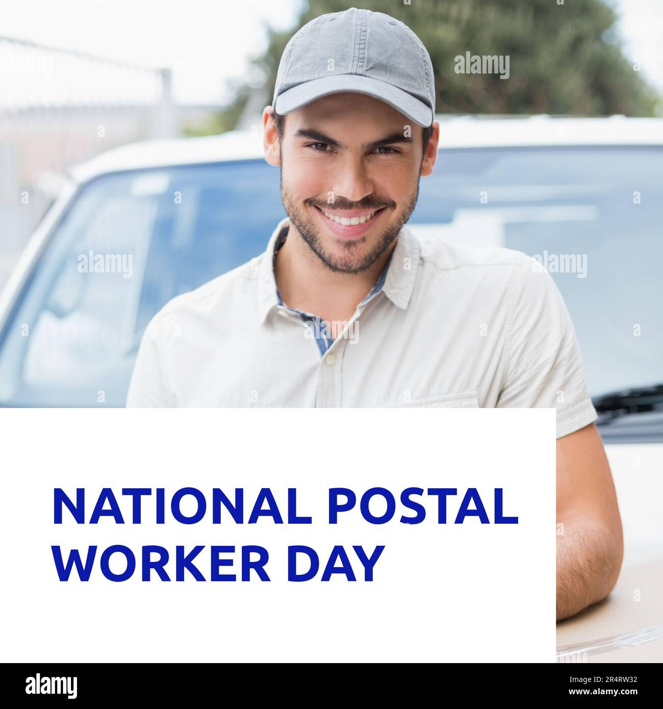 Composition of national postal worker day text over happy caucasian ...