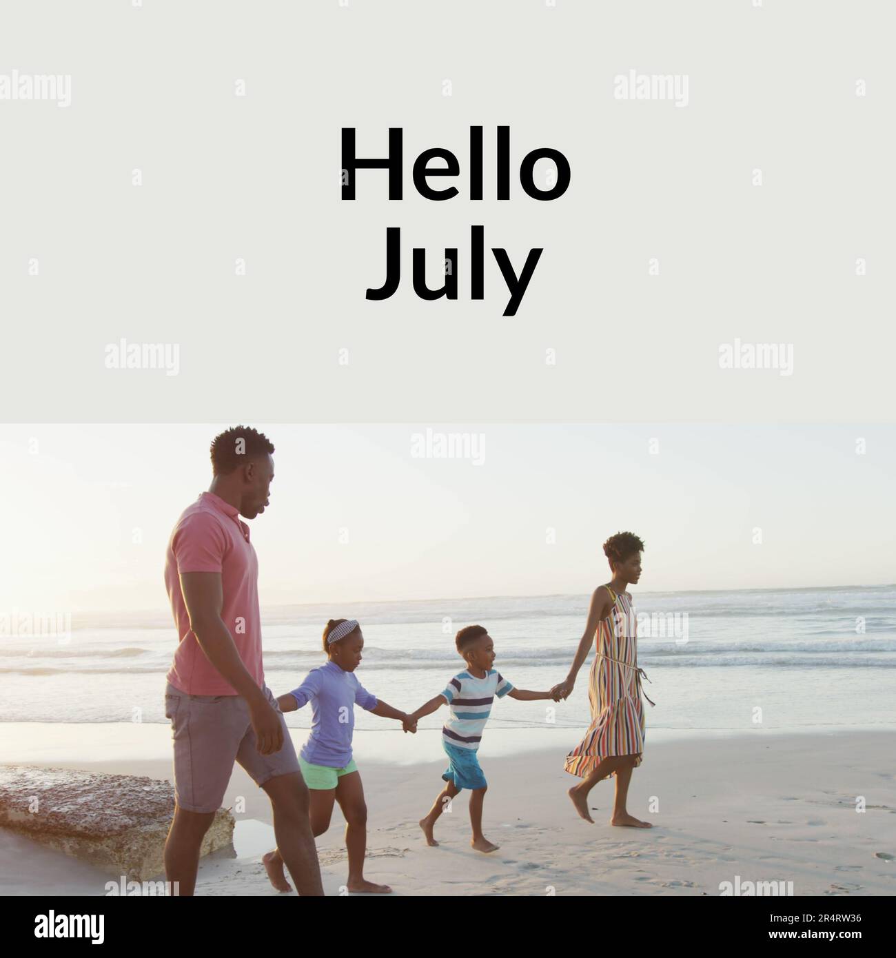 Composition of hello july text over african american couple with son and daughter on beach Stock Photo