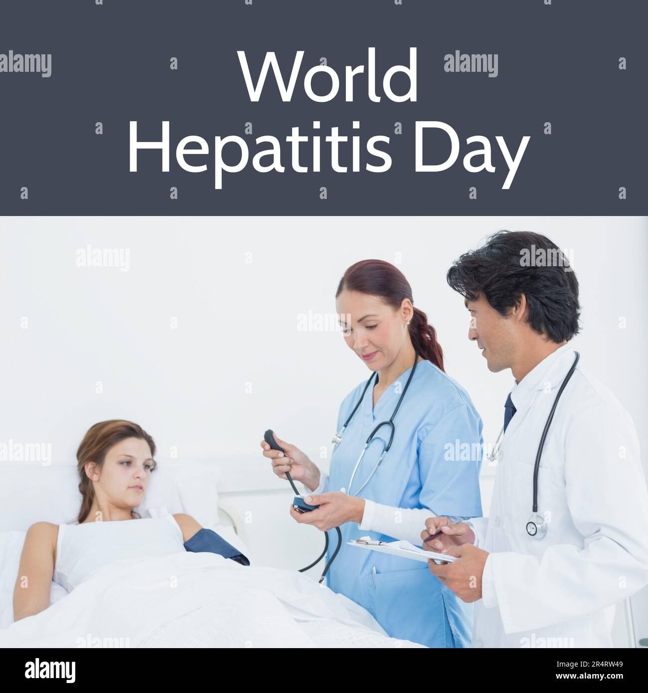 Composition of world hepatitis day text over caucasian female patient and diverse doctors Stock Photo