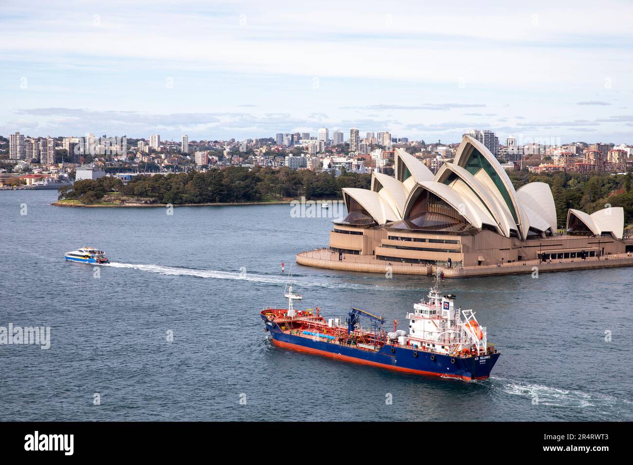 Sydney harbour, oil bunker tanker ICS Reliance heading towards Sydney Opera House, Sydney,NSW,Australia Stock Photo