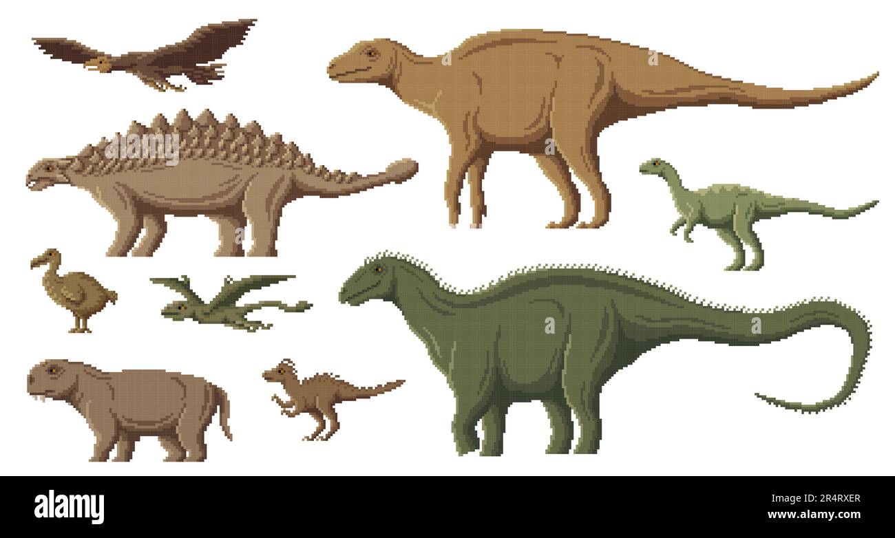 Pixel dinosaur characters. 8 bit pixel art game dino animals. Dimorphodon, Dodo, Pegomastax, Dicraeosaurus and Hypsilophodon, Lystrosaurus extinct prehistoric animals and birds, pixel vector dinosaurs Stock Vector
