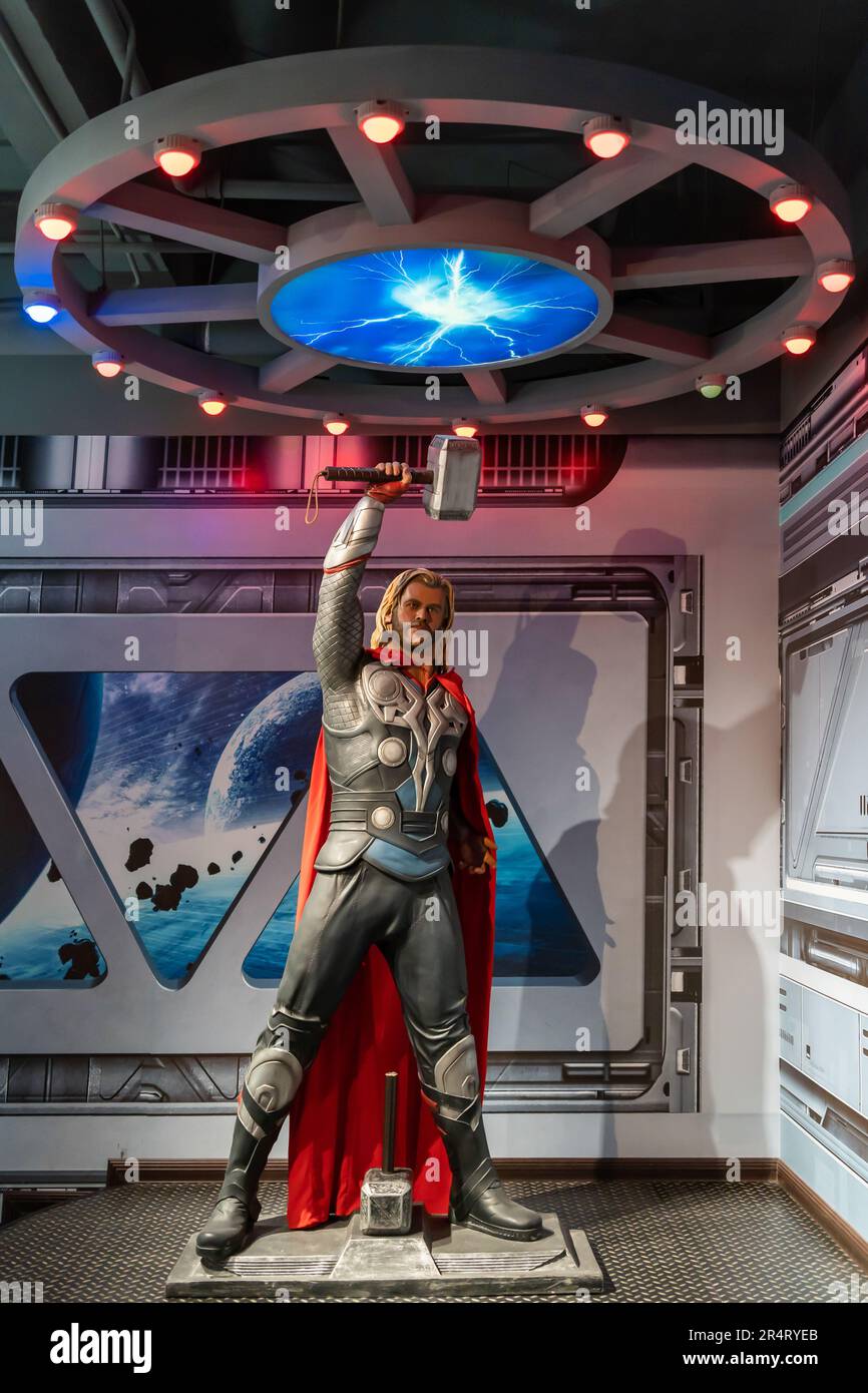 Shah Alam, Malaysia -April 17,2023 : Thor Odinson's wax figure displayed at Red Carpet 2 in I-City Shah Alam. Stock Photo