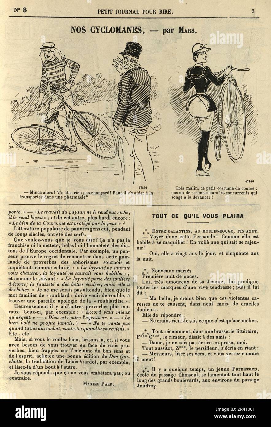 Page from vintage French comic paper, Cartoon, Nos cyclomanes. Man with broken bicycle, woman riding penny farthing. 1890s, Victorian Stock Photo