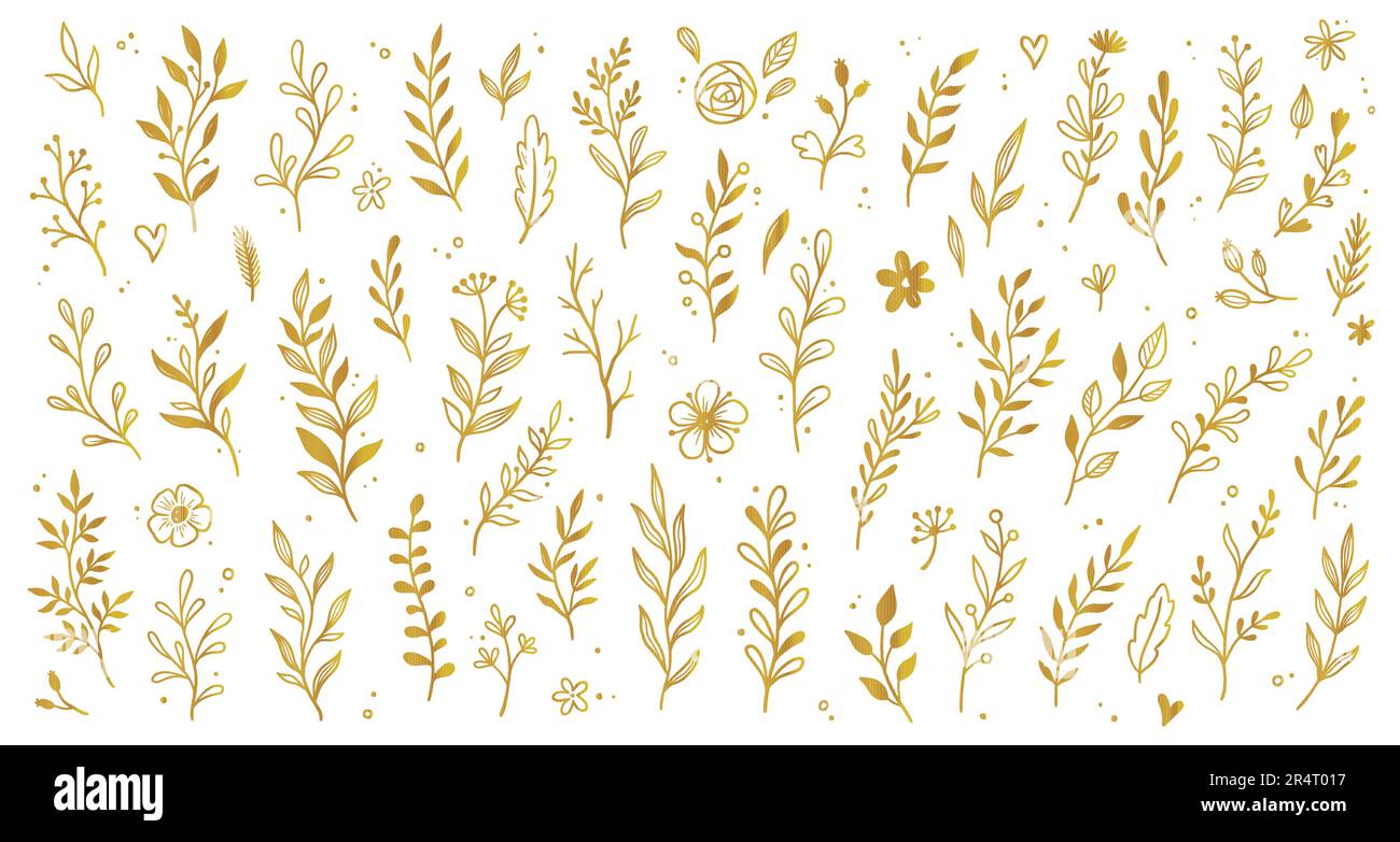 Gold branch leaf element set. Hand drawn sketch doodle golden leaves