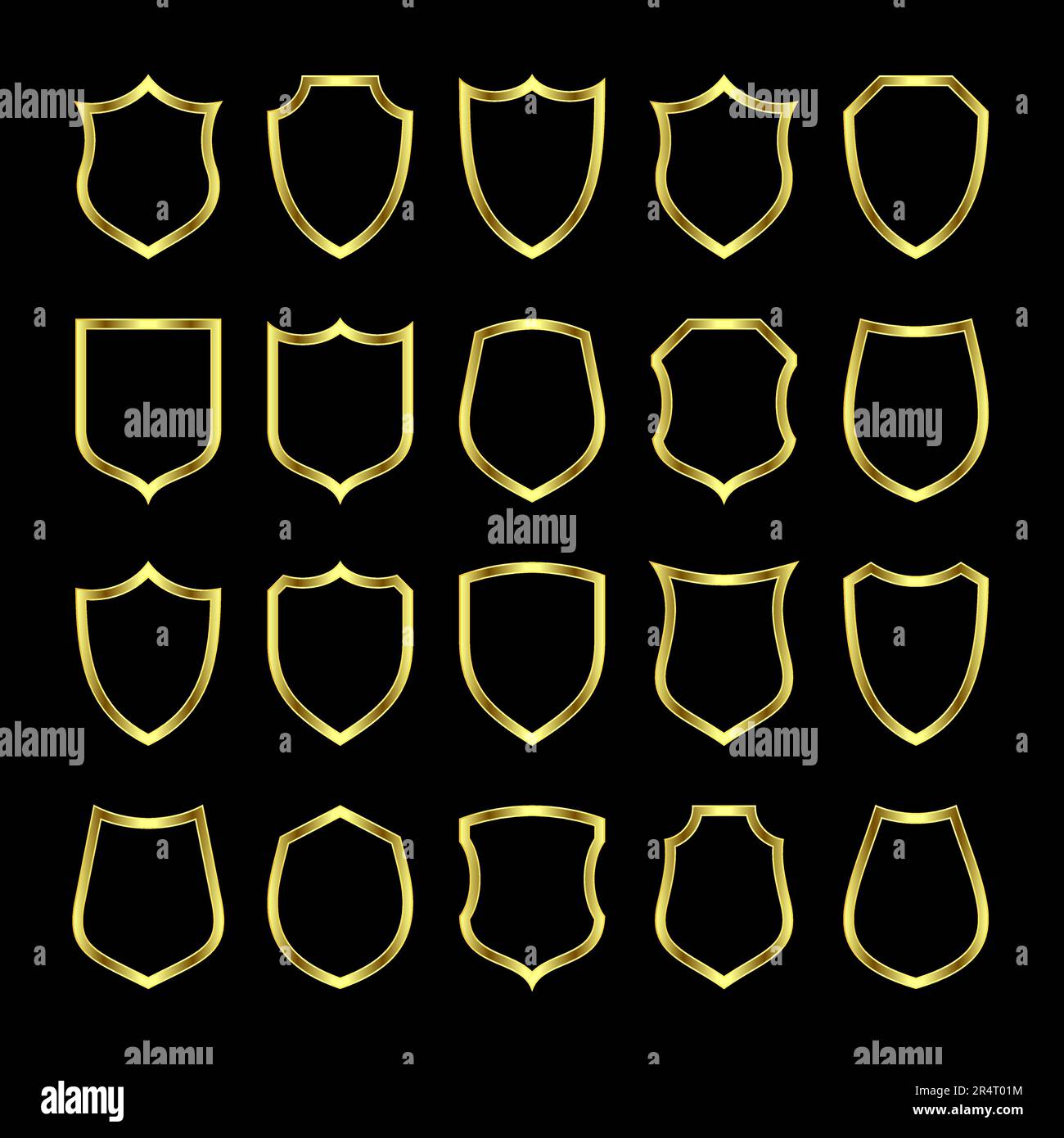 Set of metal vintage shield frames. Shiny golden heraldic shields